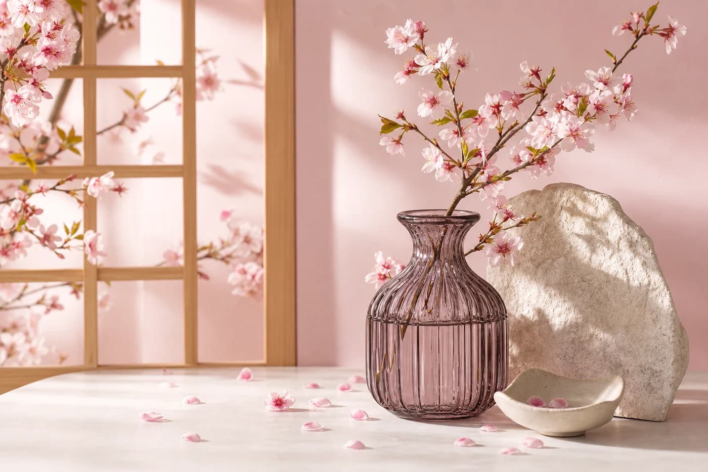 Vase en verre fumé sur décor clair avec fleurs rose et framboise
