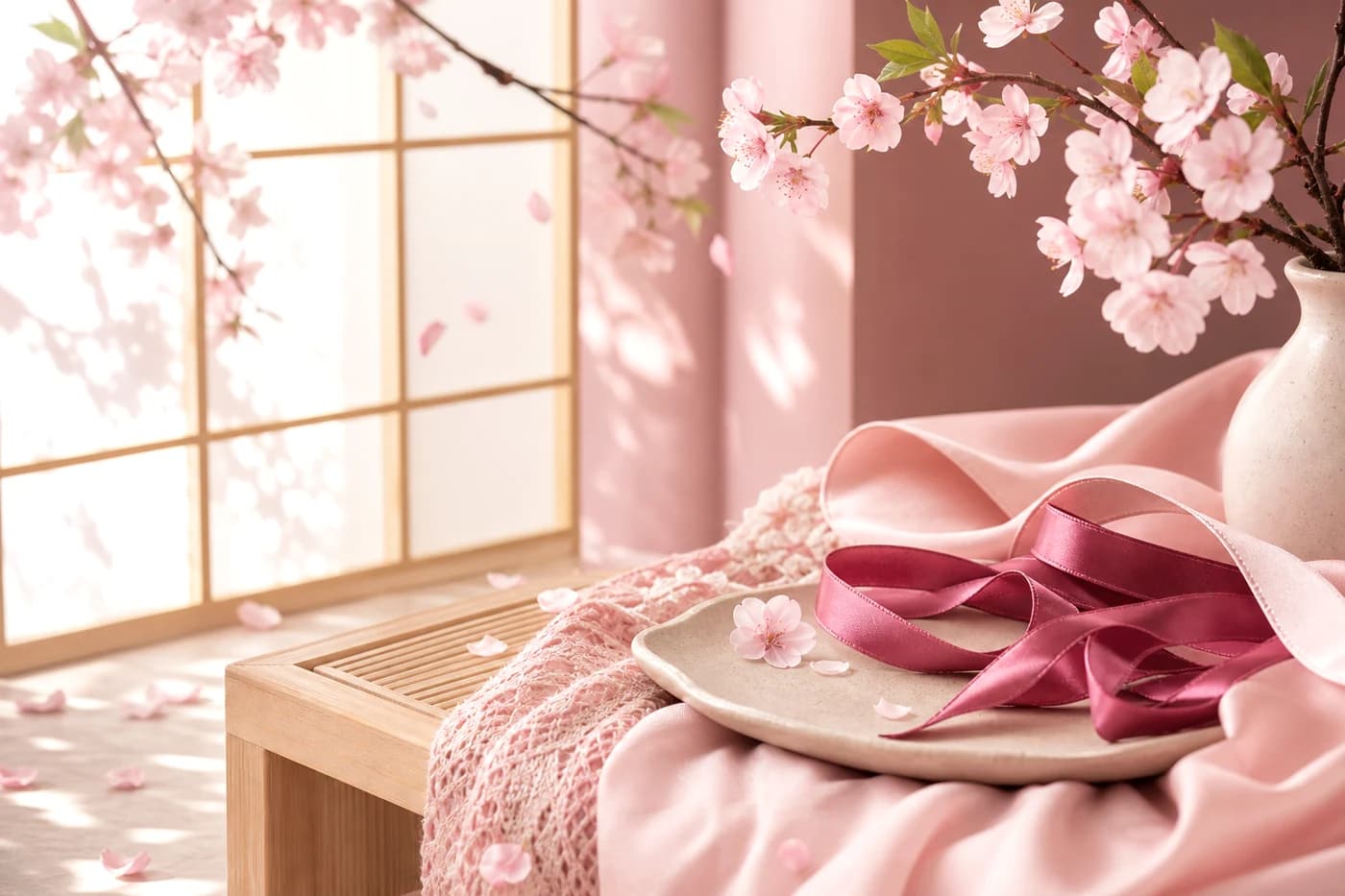 Plis de soie bordeaux éclaircis avec décor floral rose