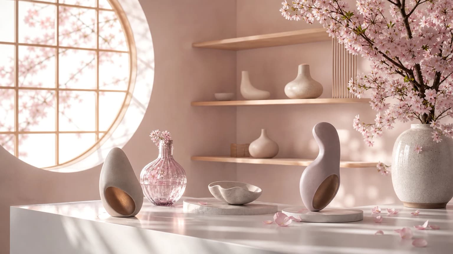 Composition PENZO claire dans une boutique japonisante avec fleurs de sakura