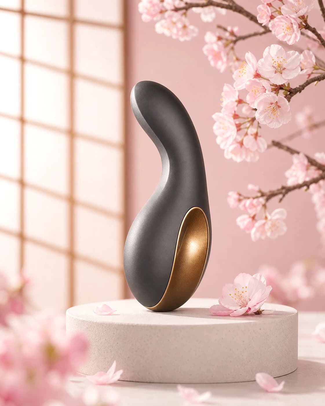 Stimulateur incurvé Élan sur socle clair avec fleurs de sakura